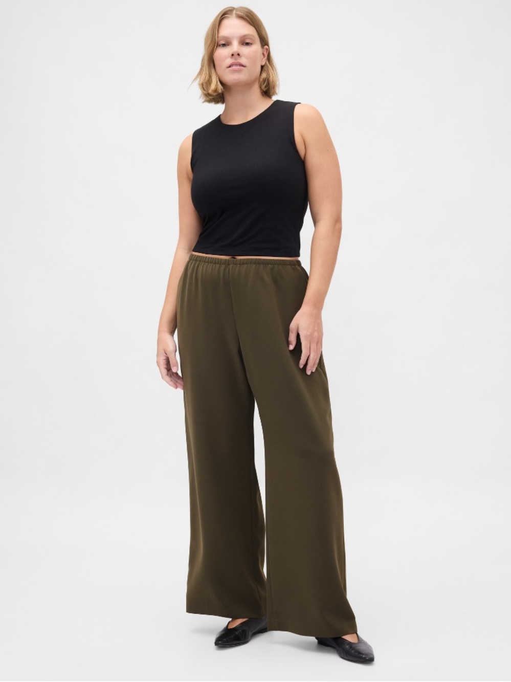 Gap Easy Wide Leg Pants Black Moss Green Small Petite Drawstring Casual Work